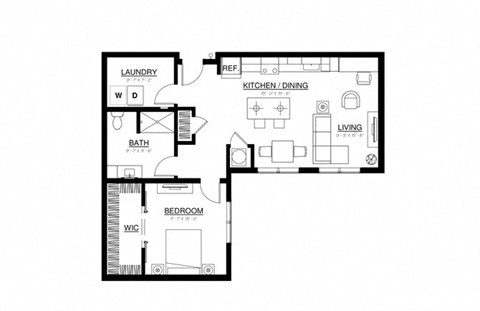 Floor plan for 1 bed, 1 bath, 936 sqft